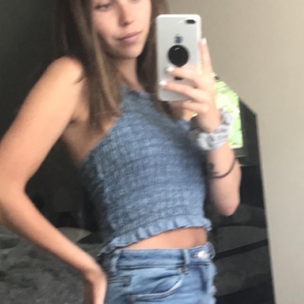 American Eagle Outfitters Denim Blue Smocked Top